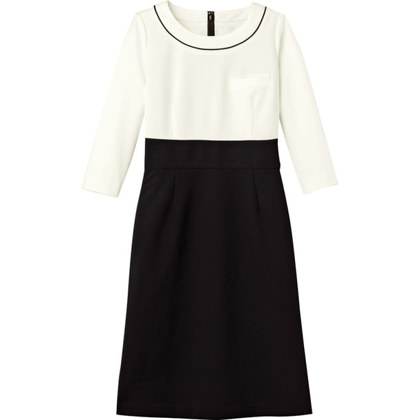 七分袖ワンピース（バイカラー）WP762-8（11号）（ブラック/ホワイト） 1